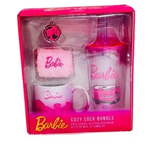 Barbie Cozy Sock Bundle Glitter Keychain Glitter Mug Tumbler - New